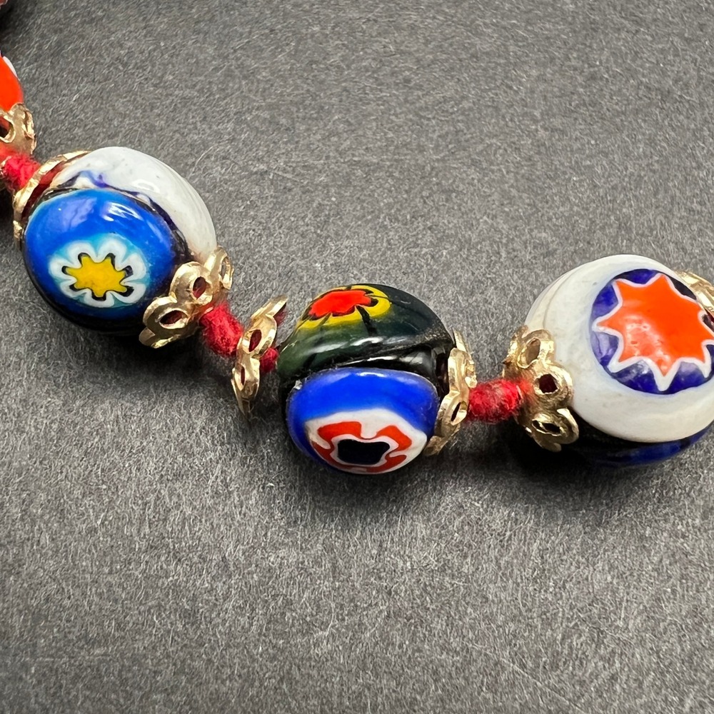 Vintage Venetian Millefiori Glass Beaded Necklace Hand Knotted 24" - Picture 6 of 10